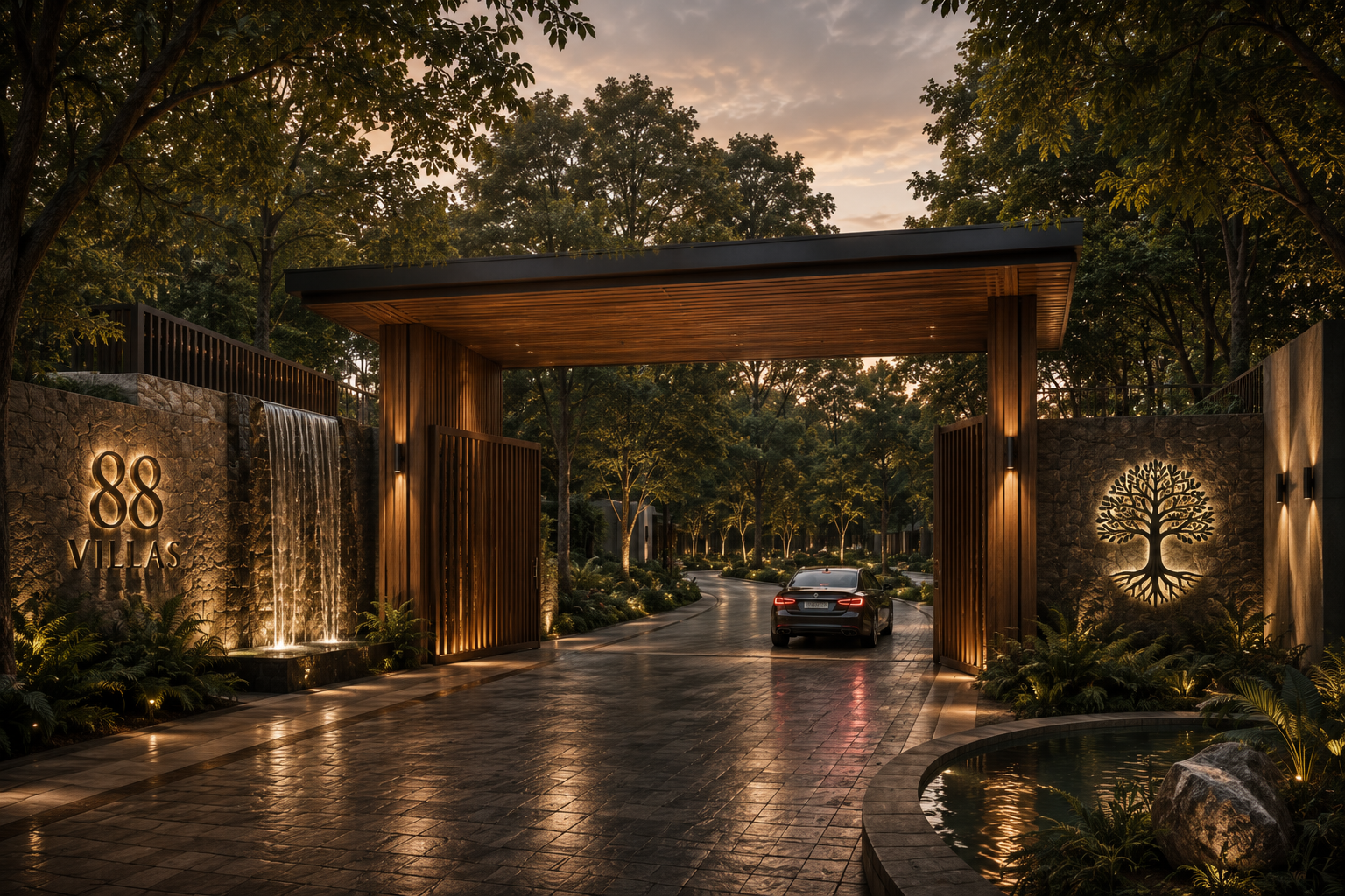 Illuminated timber gateway with waterfall stone wall and the 88 Villas emblem at dusk