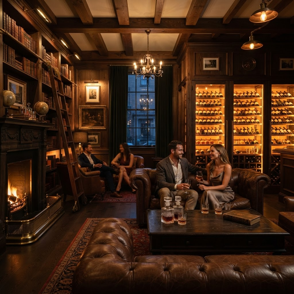 Private members club interior with wine cellar and warm walnut paneling