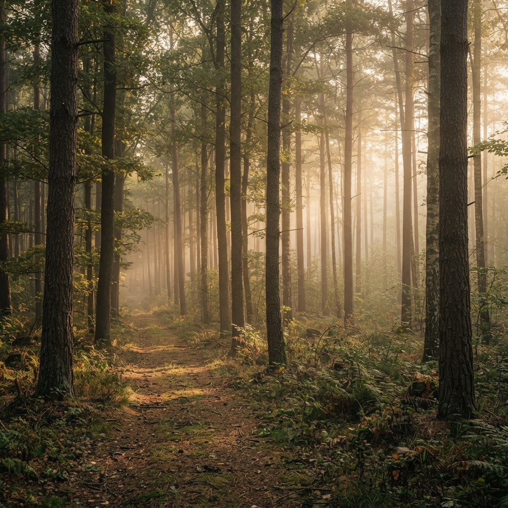 Misty mature forest at golden hour