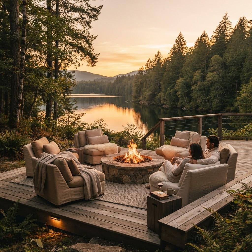 Forest fire-pit lounge overlooking the lake at golden hour