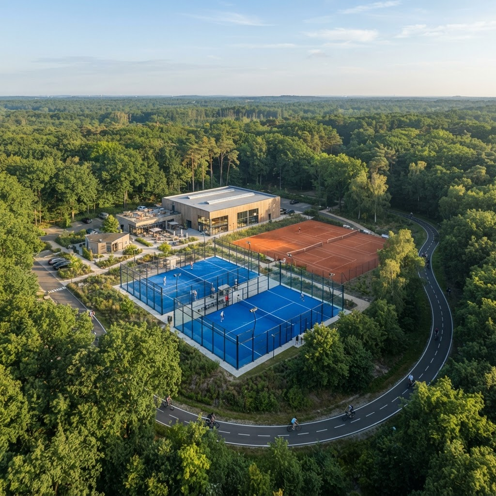 Padel and tennis courts surrounded by forest with a cycling track