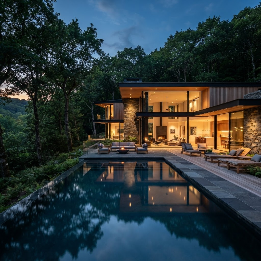 Luxury villa with stone and timber facade nestled in the forest